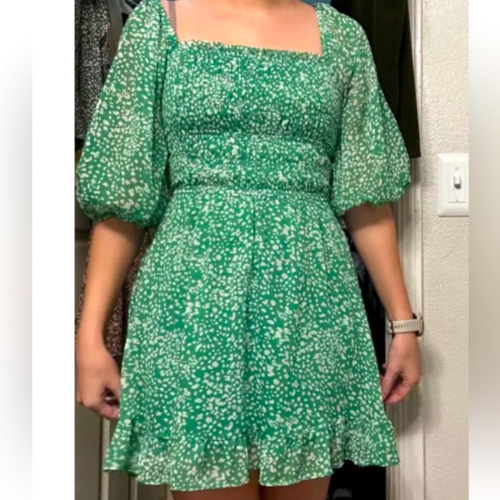 Sienna Sky Green Floral Puff Sleeved Babydoll Dress
